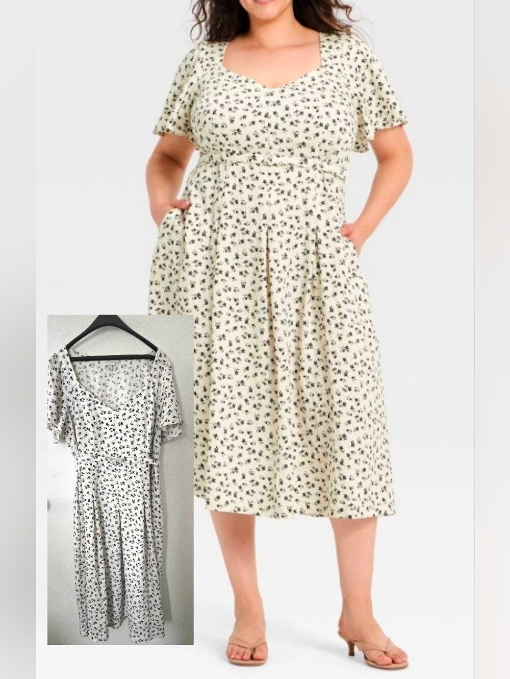 Size 17 - A New Day White/Black Floral V-Neck Short Sleeve Midi Dress w/Belt